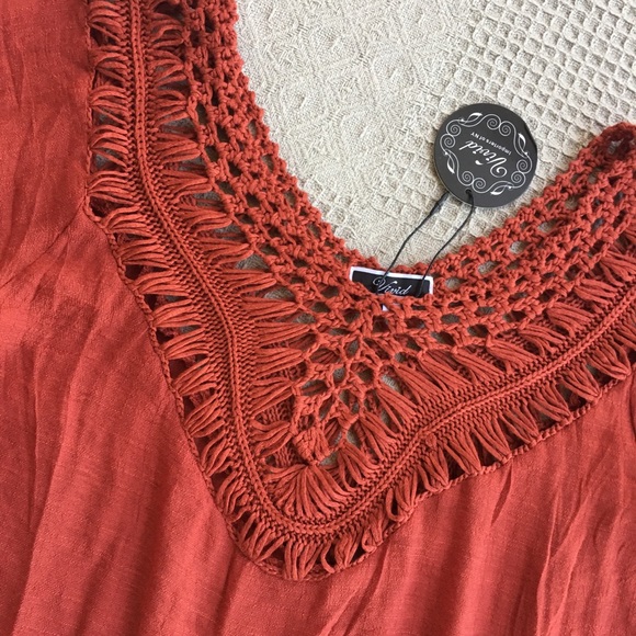 Vivid Hippie Gypsy Bohemian Cinnamon Orange Crochet Fringed Pullover Top NWT - Picture 6 of 10